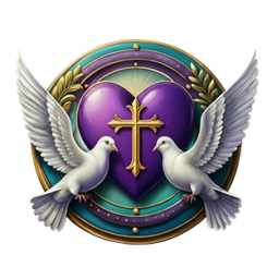 Merciful Coptic Hearts emblem with purple heart, gold cross, and white doves