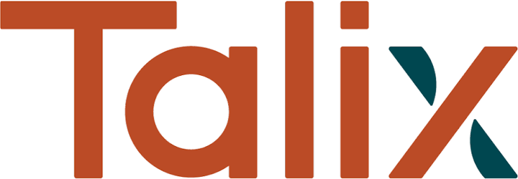 Talix logo with rust brown text and dark teal accent shapes